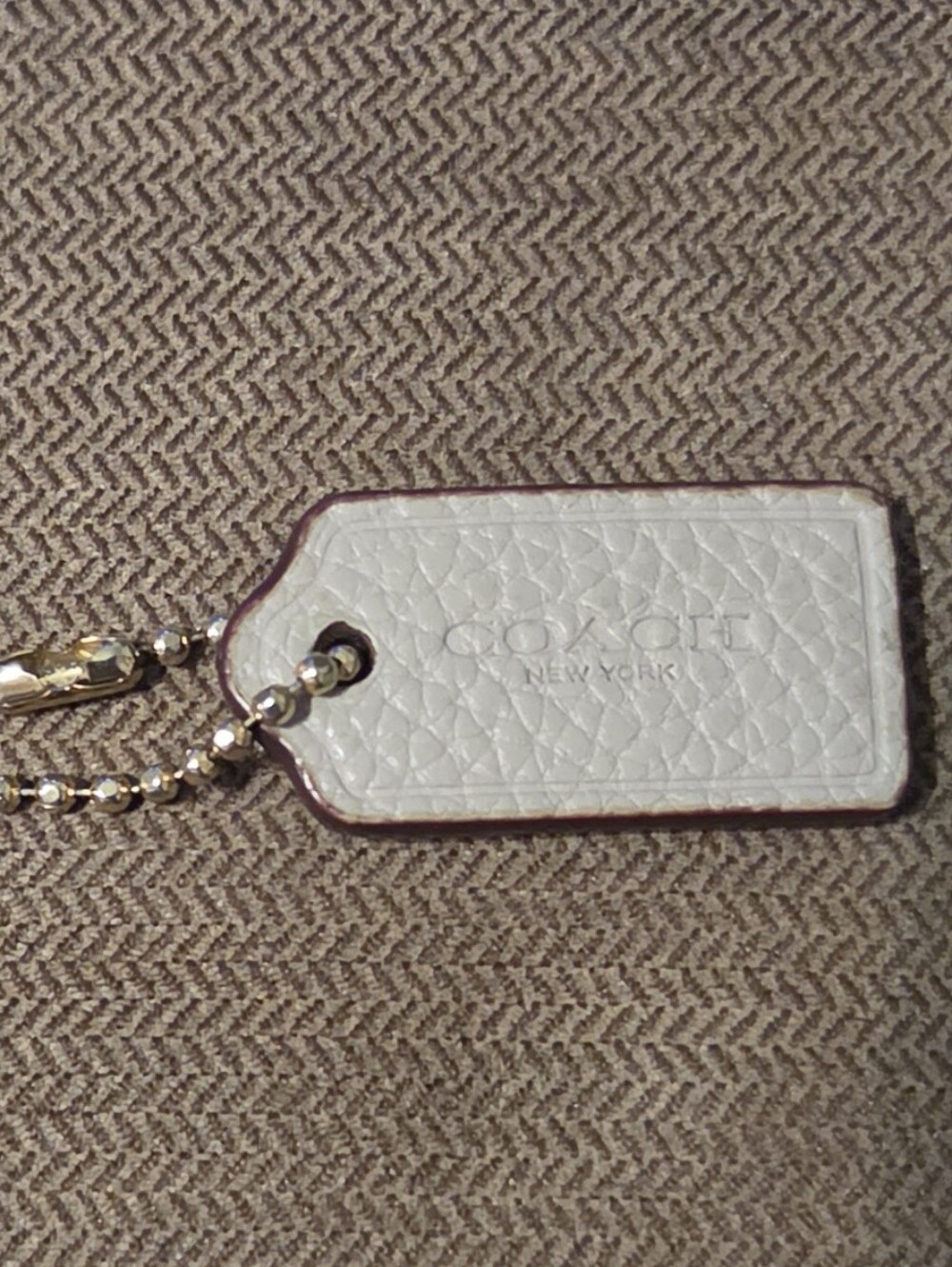 Coach White Pebbled Leather Tag Keychain with Gold-Tone Chain